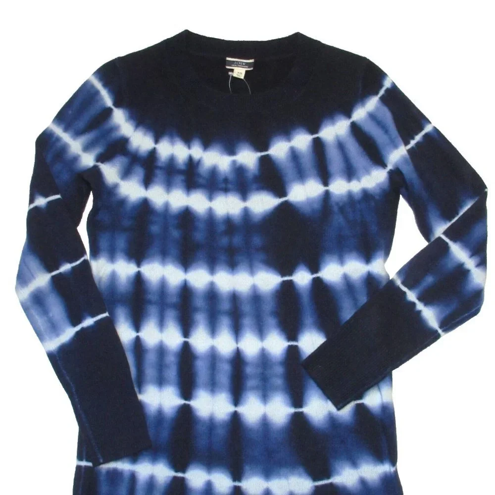 NWT J.Crew Long-sleeve Tie-dyed Cashmere Crewneck Dress in Classic Navy Sky XS